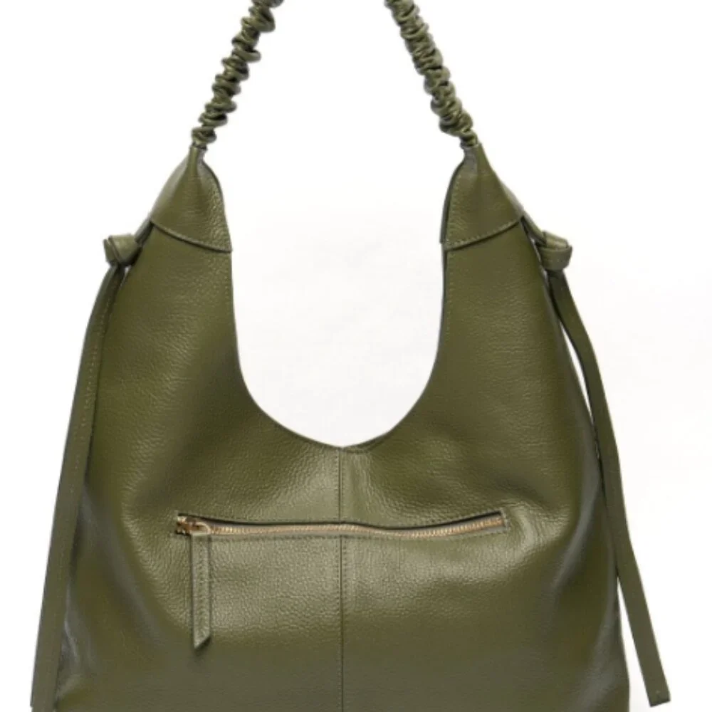 Olive Green Leather Hobo Bag with Ruched Shoulder Strap